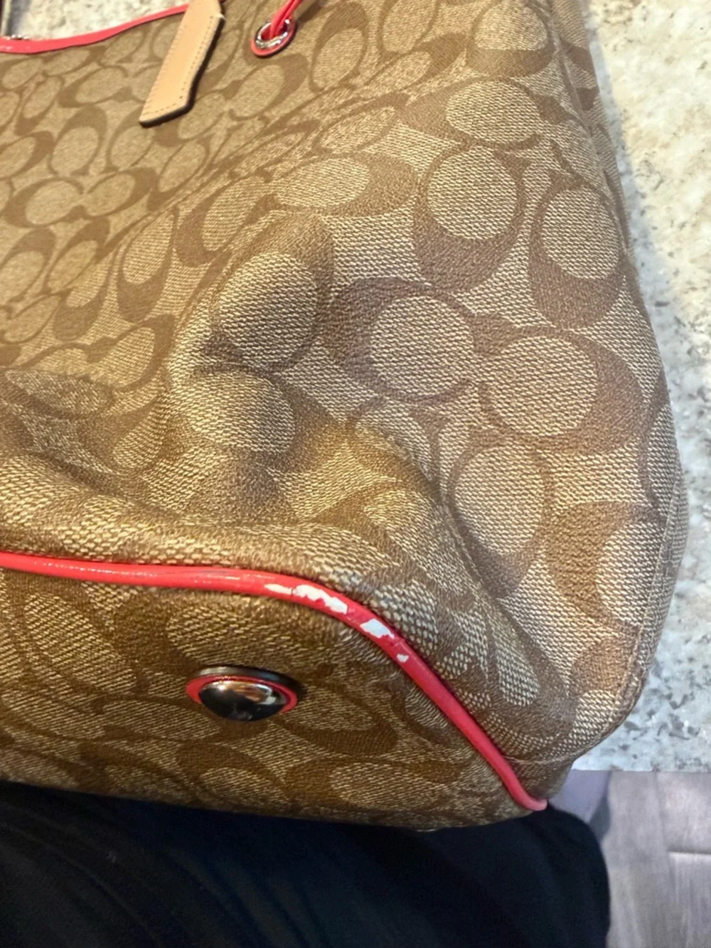 Coach Brown Signature Canvas Tote with Pink Stripe and Tan Trim